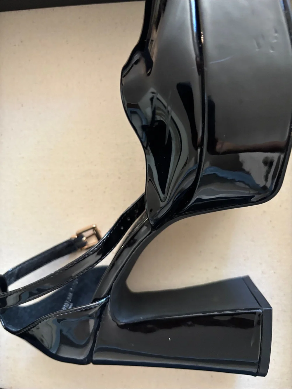 Chinese Laundry Black Patent Square-Toe Ankle-Strap Block Heels